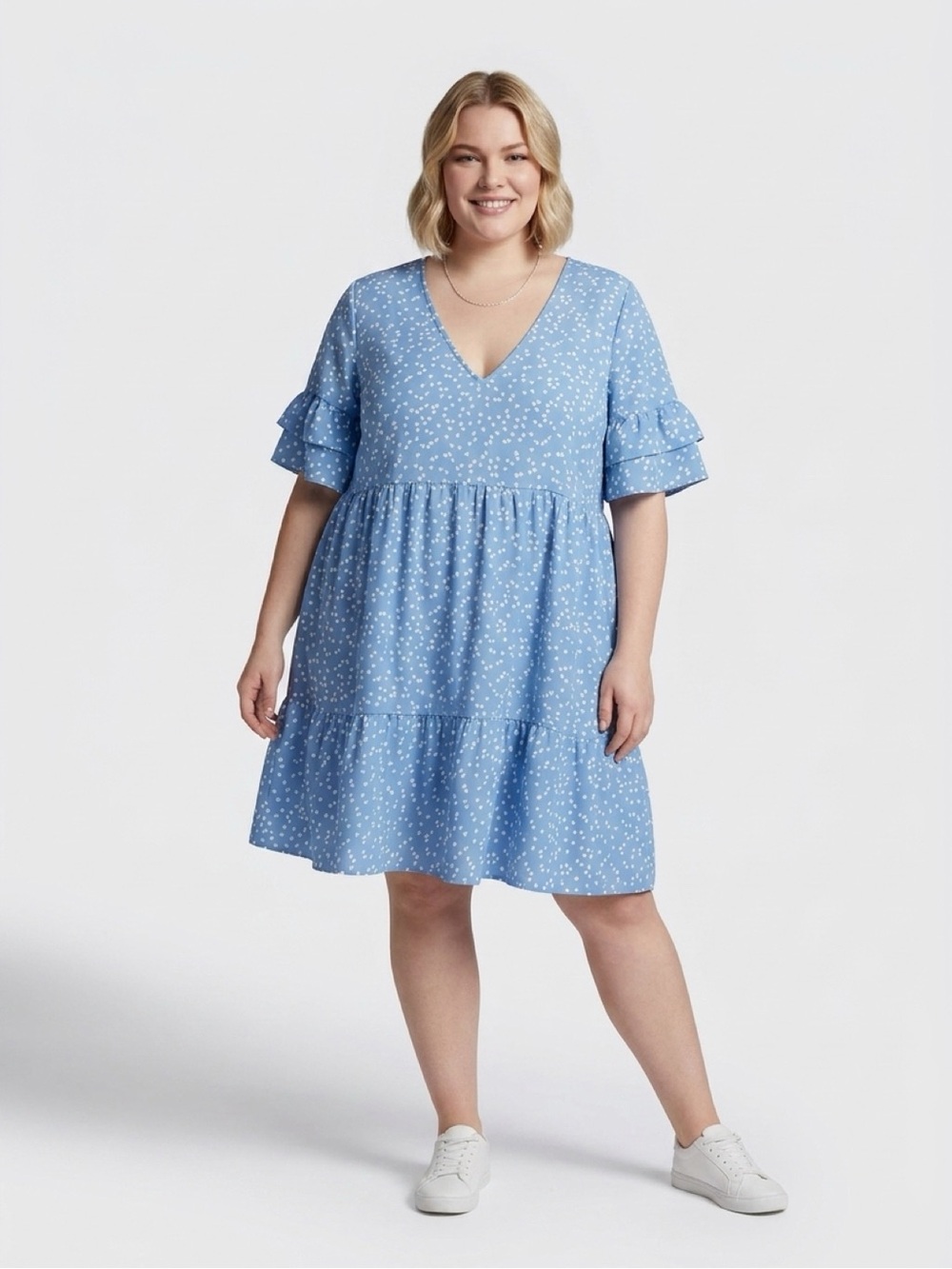 SHEIN Light Blue V-Neck Tiered Dot Midi Dress